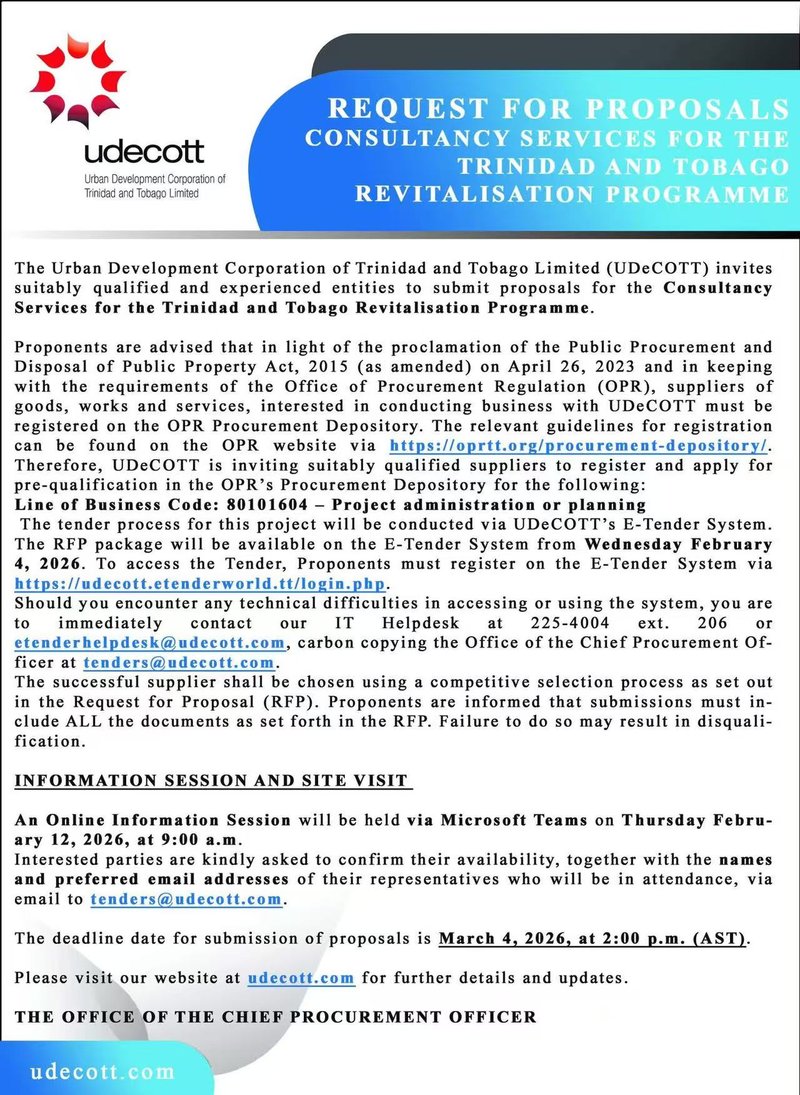 UDeCOTT Notice - RFP for Consultancy Services for the Trinidad and Tobago Revitilisation Programme